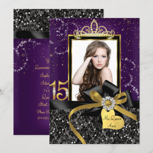 Sparkle Lila Guld Spets & Bow Foto Quinceanera Inbjudningar