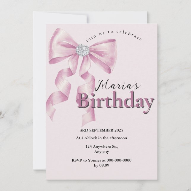 Sparkle Pink Coquette Bow 1st Inbjudningar (Framsida)