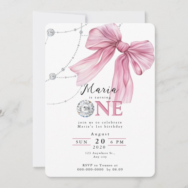 Sparkle Pink Coquette Bow 1st Inbjudningar (Framsida)