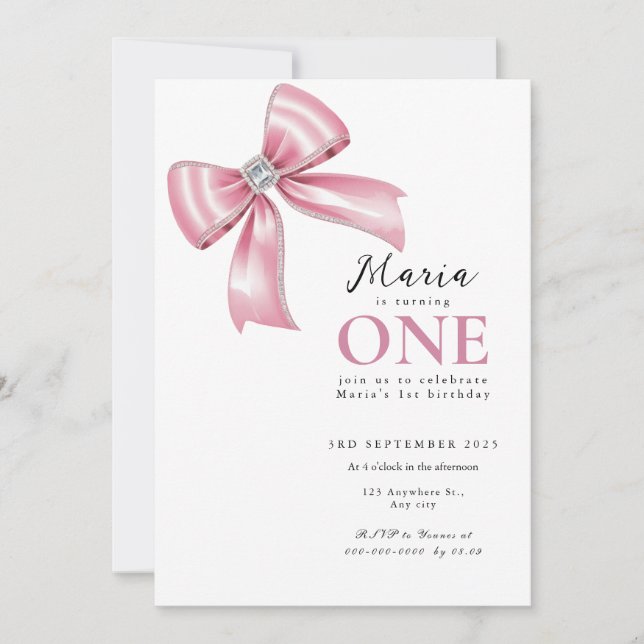 Sparkle Pink Coquette Bow 1st Inbjudningar (Framsida)
