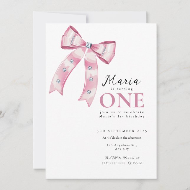 Sparkle Pink Coquette Bow 1st Inbjudningar (Framsida)
