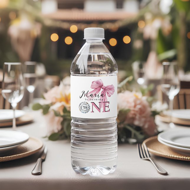 Sparkle Pink Coquette Bow 1st Vattenflaskor Etikett (Skapare uppladdad)