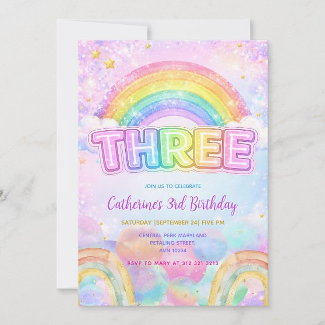 Sparkle Rainbow 3rd Birthday Party Inbjudningar (Framsida)