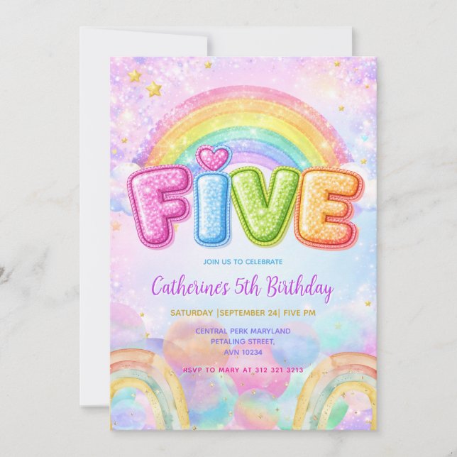 Sparkle Rainbow 5th Birthday Party Inbjudningar (Framsida)