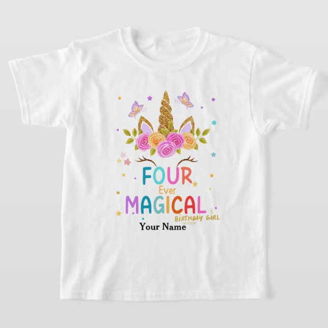 Sparkles Four Ever Magisk Enhörning 4-års Födelsed T Shirt (Laydown)