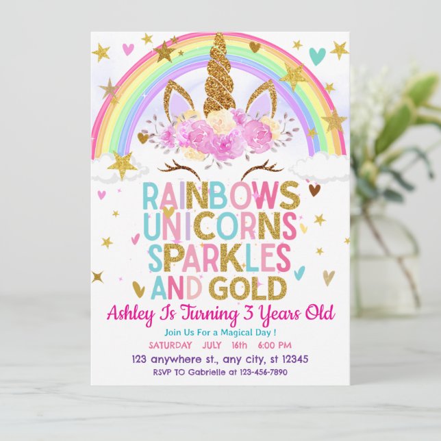 Sparkles och Guld Unicorn Rainbow Birthday Inbjudningar (Stående Fram)