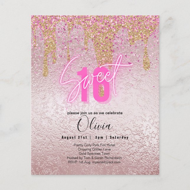 Sparkles Sweet16 Söt Girly Rosa 16:e födelsedagen Flygblad (Framsidan)