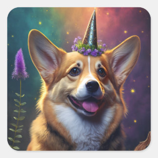 Sparkles Unicorn Corgi - Rainbow Sticker Fyrkantigt Klistermärke