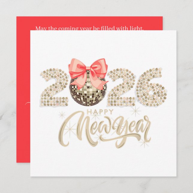 Sparkling 2026 New Year’s Card with Disco Ball Bow Julkort (Fram/baksida)