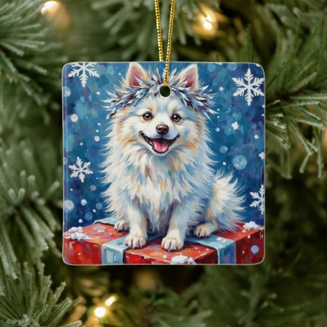 Sparkling American Eskimo Dog Festive Gift Cushion Julgransprydnad Keramik (Träd)