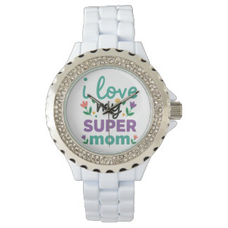 Sparkling Diamond Bezel Super Mom White Link Watch Armbandsur