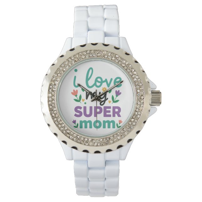 Sparkling Diamond Bezel Super Mom White Link Watch Armbandsur (Framsida)