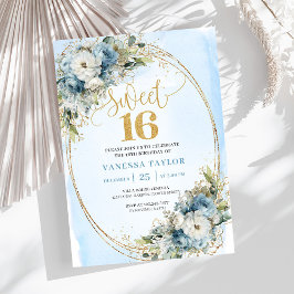 Sparkling Dusty Blue Greenery Sweet Sixteen Invite Inbjudningar