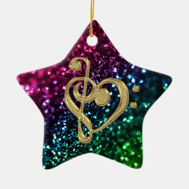 Sparkling färgade stjärnor med musiksymboler julgransprydnad keramik (Framsidan)
