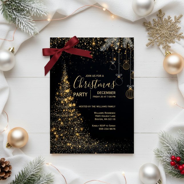 Sparkling Gold Christmas Tree Invitation Inbjudningar (Magical Holiday Celebration)