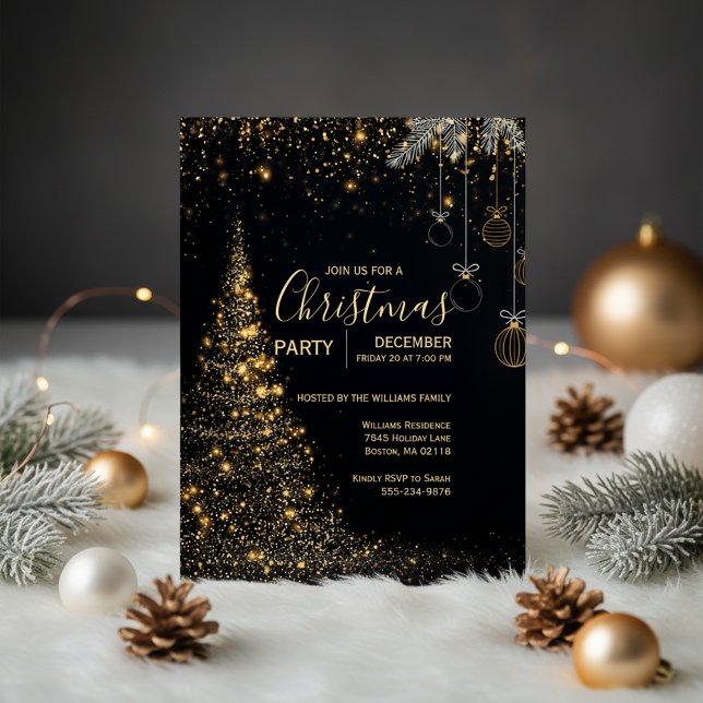 Sparkling Gold Christmas Tree Invitation Inbjudningar (Gold Holiday Invitation)