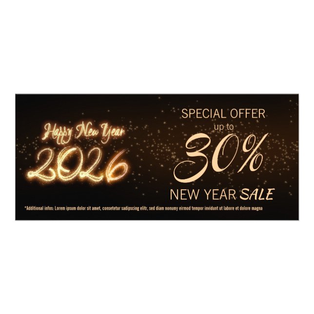 Sparkling Happy New Year 2026 Fireworks Discount Reklamkort (Framsidan)