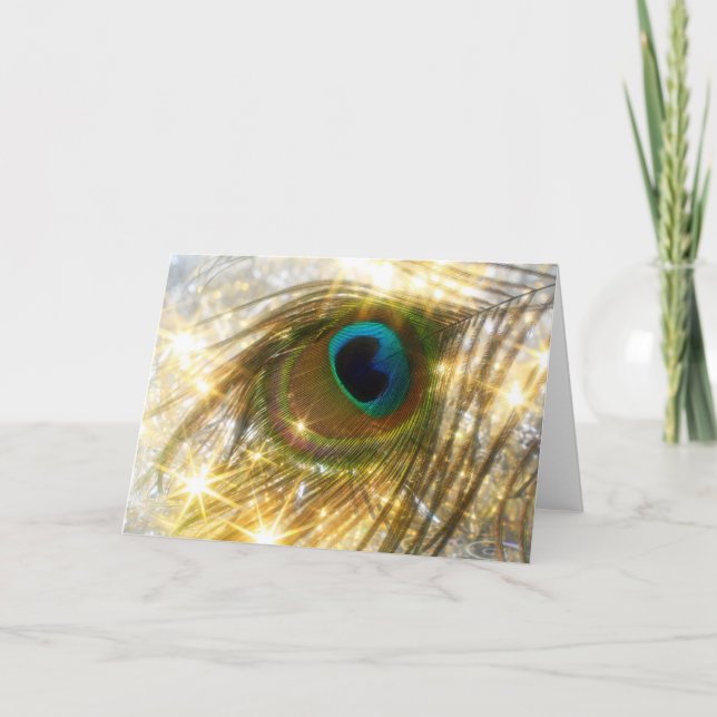 Sparkling kort för påfågelfjäderhälsning (Framsida)