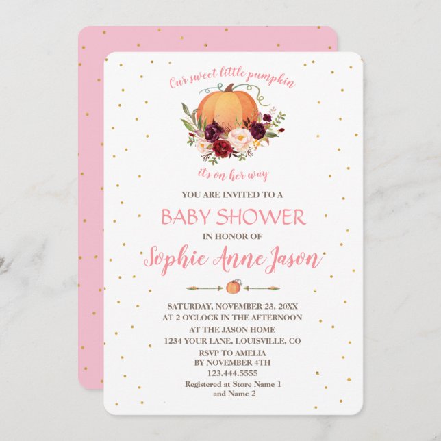 Sparkling Little Pumpkin Thanksgiving Baby Shower Inbjudningar (Fram/baksida)