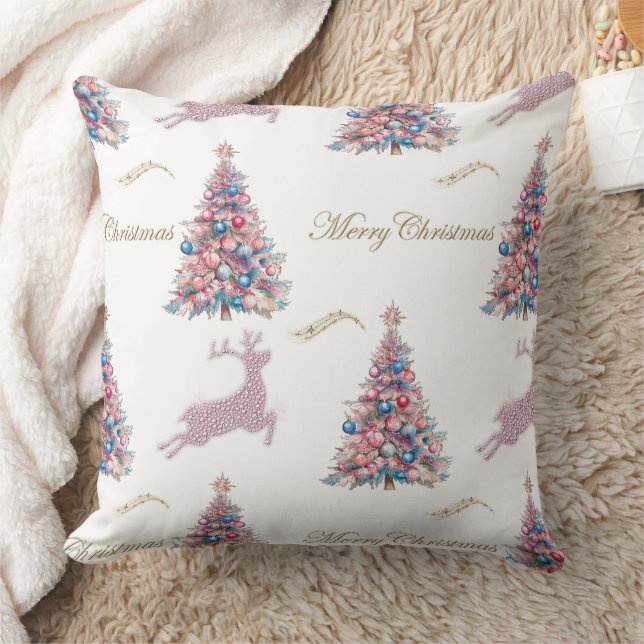 Sparkling Pastel Christmas Trees and Reindeer  Kudde (Filt)