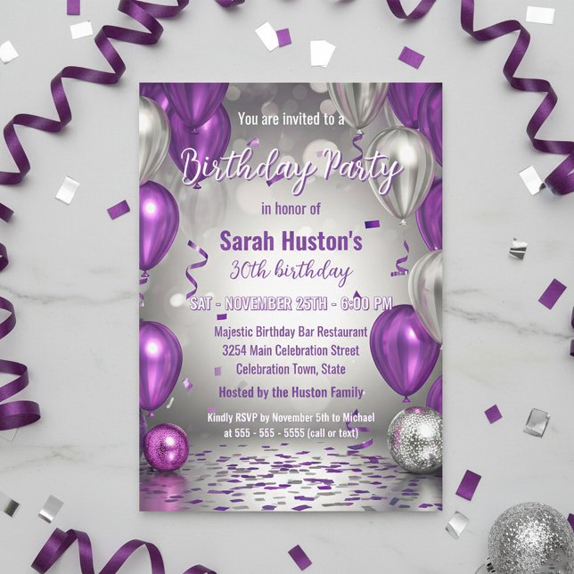 Sparkling Purple and Silver 30th Birthday Party Inbjudningar (Skapare uppladdad)