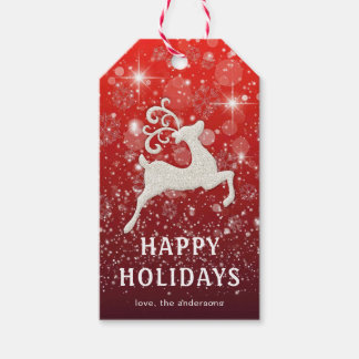 Sparkling Red Background White Reindeer Luxury Presentetikett