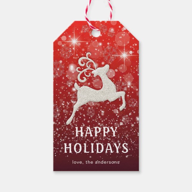Sparkling Red Background White Reindeer Luxury Presentetikett (Framsidan)