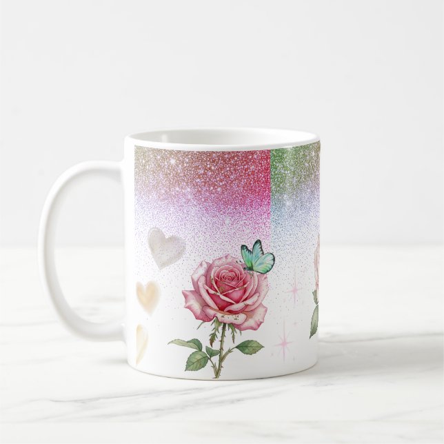 Sparkling Rose and Butterfly Coffee Mug Kaffemugg (Vänster)