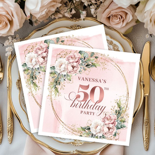 Sparkling Rose Gold Blush Flowers 50th Birthday  Pappersservett (Sparkling Rose Gold Blush Flowers 50th Birthday Dinner Napkins

)