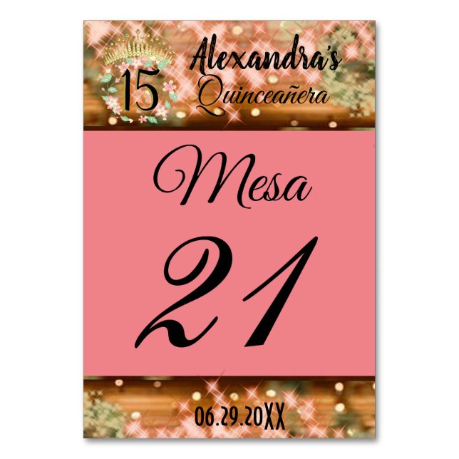 Sparkling Rose Gold Spanish Quinceañera Princess  Bordsnummer (Framsidan)