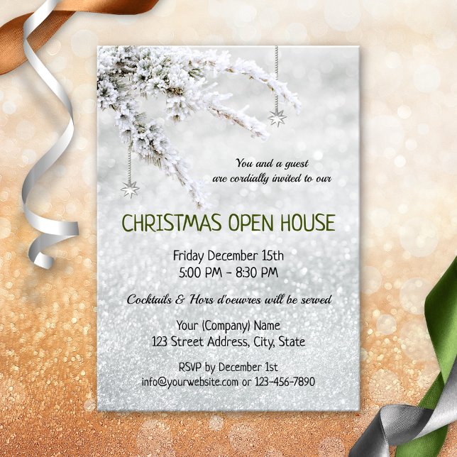 Sparkling Snö jul Company Open House Inbjudan (Christmas open house invitation featuring a snow covered branch with silver star pending ornament)