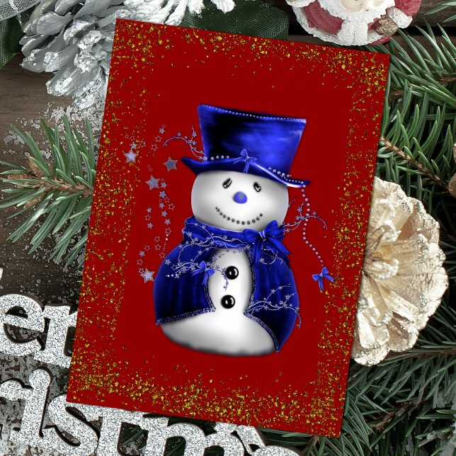 Sparkling Snowman in Blue Velvet Christmas Kort (Sparkling Snowman in Blue Velvet Christmas Card by the Olde Christmas Shoppe)