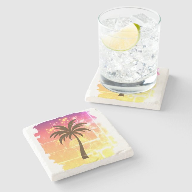 Sparkling Sunset Palm Tree | Tropical Paradise Sil Stenunderlägg (Sidan)