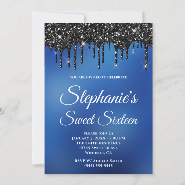 Sparkly Black Glitter Blue Ombre Sweet sixteen Inbjudningar (Framsida)
