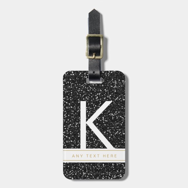 Sparkly Black Glitter Monogrammed ursprungligt res Bagagebricka (Vertikal Framsida)