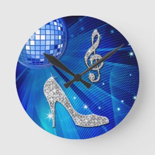 Sparkly blått-/silvermusik noterar & stiletthäle rund klocka