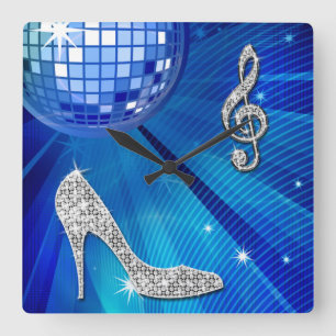 Sparkly Blue/silver Music Note & Stiletto Heel Fyrkantig Klocka