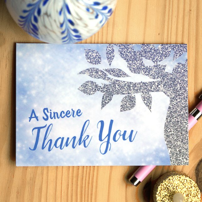 Sparkly Blue Sincere Tack (Blue and silver glitter tree of life thank you card for bat mitzvah guests)