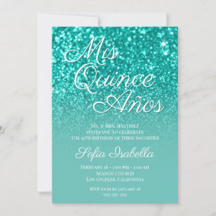 Sparkly Bokeh Teal Glitter Ombre Mis Quince Años Inbjudningar