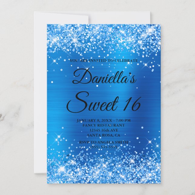 Sparkly Brght Blue Glitter och Foil Sweet 16 Inbjudningar (Framsida)