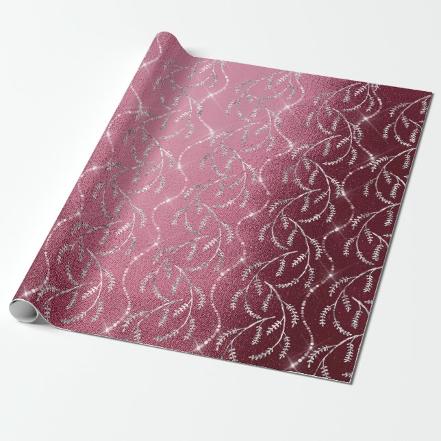 Sparkly Burgundy Laurel Blommigt Silver Diamonds Presentpapper (Utrullad)