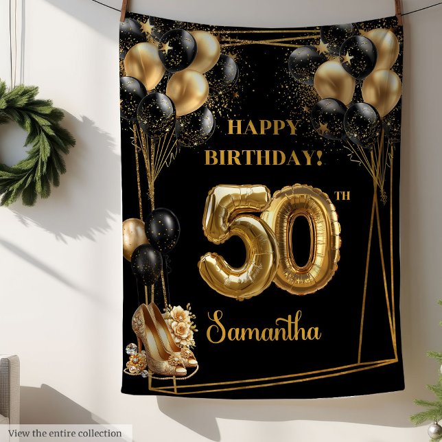 Sparkly Confetti 50:e födelsedagsblanket Black Gul Fleecefilt (Sparkly Confetti 50th Birthday Blanket Black Gold)