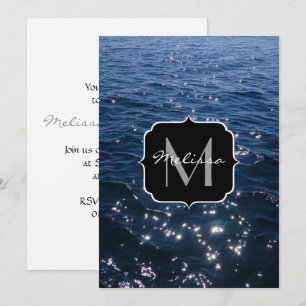Sparkly Deep Blue Sea Vågar Monogram Inbjudningar