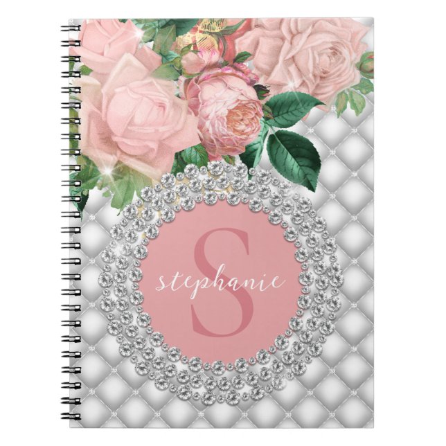 Sparkly Diamonds Rosa ros Monogram Anteckningsbok (Framsidan)