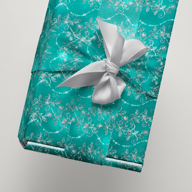 Sparkly Diamonds Silver Grått Teal Tiffany Glass Presentpapper (Sparkly Diamonds Silver Gray Teal Blue Glass Wrapping Paper)