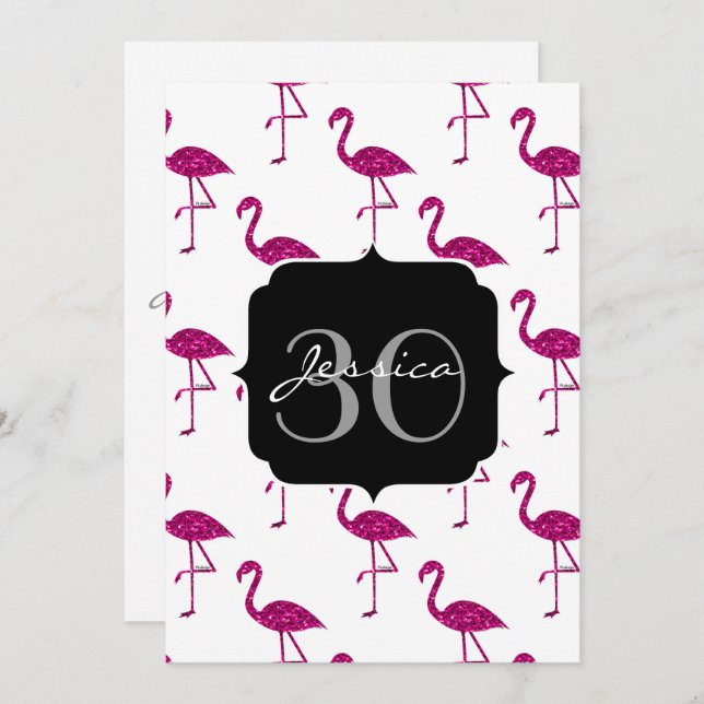 Sparkly flamingo Rosa mönster Monogram inbjudan (Fram/baksida)