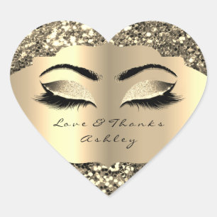 Sparkly Glitter Guld Lash Öga Kärlek &Tack Girly Hjärtformat Klistermärke