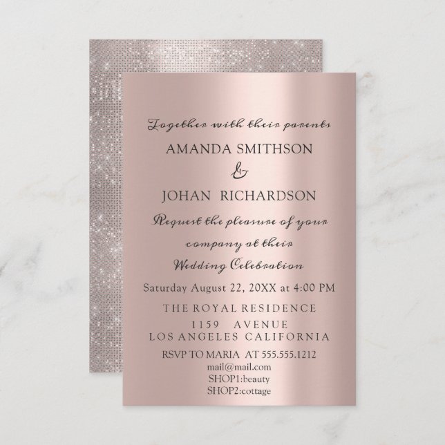Sparkly Glitter Ro Guld Elegant bröllop Inbjudningar (Fram/baksida)