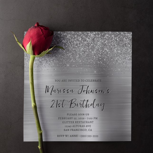 Sparkly Glitter Silver Foil 21:a födelsedagen Inbjudningar (Sparkly Glitter Silver Foil 21st Birthday Invitation)