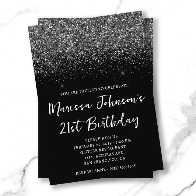 Sparkly Glittery Black 21:a födelsedagen Inbjudningar (Sparkly Glittery Black 21st Birthday Invitation)